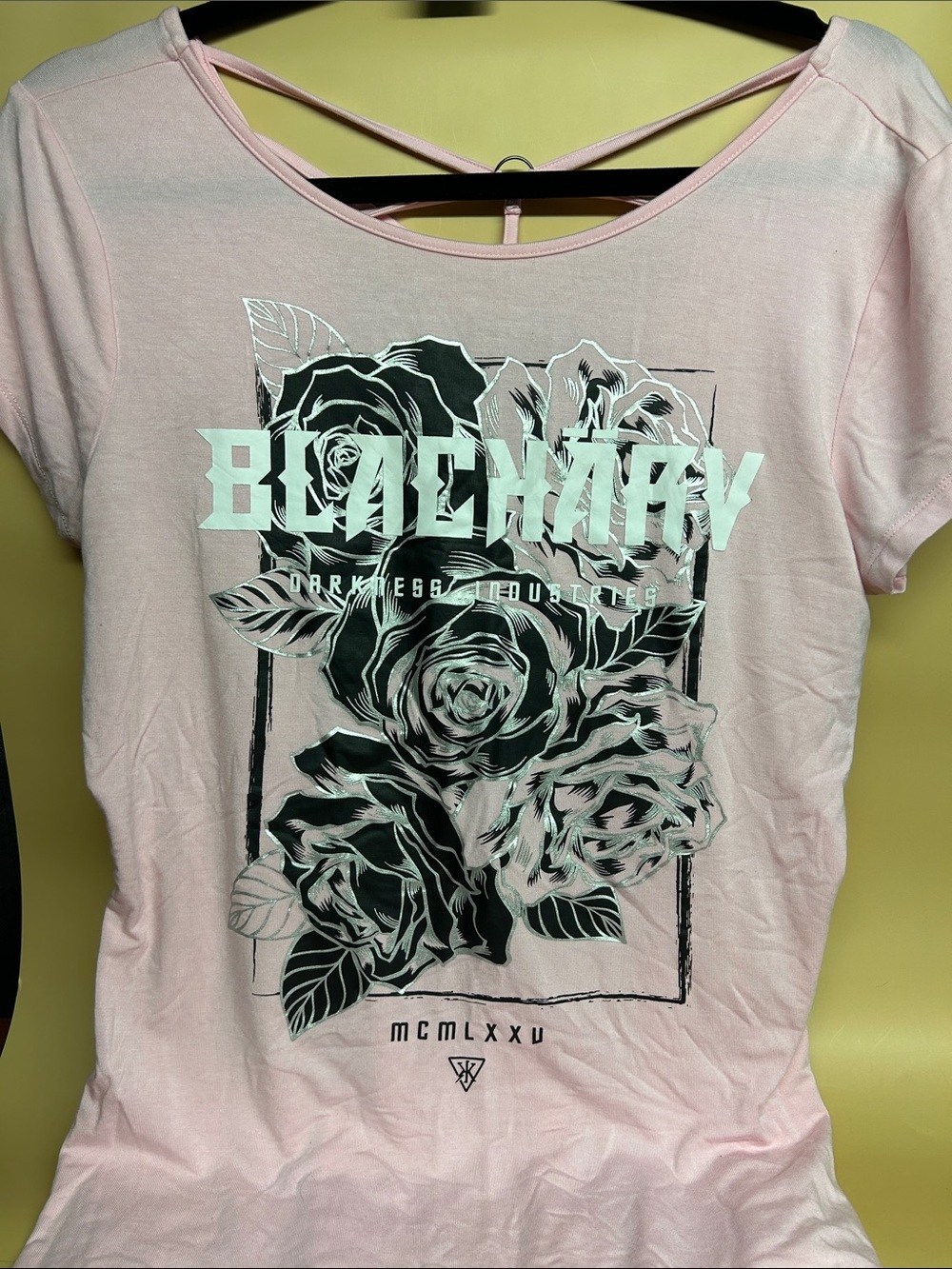 Blackarv Women’s Pink Graphic Tee with Crisscross Back